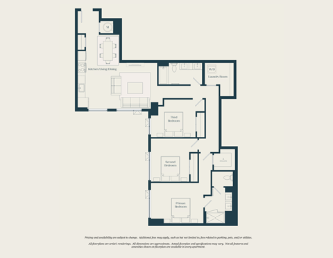Floor plan for 3 beds, 2 baths, 1334 sqft